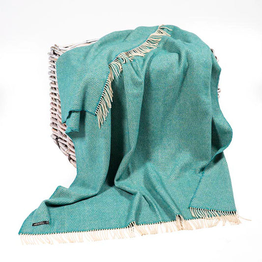 Cashmere Merino Wool Throw Green Aqua Herringbone