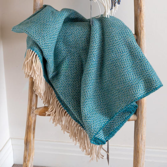 Cashmere Merino Wool Throw Green Aqua Herringbone