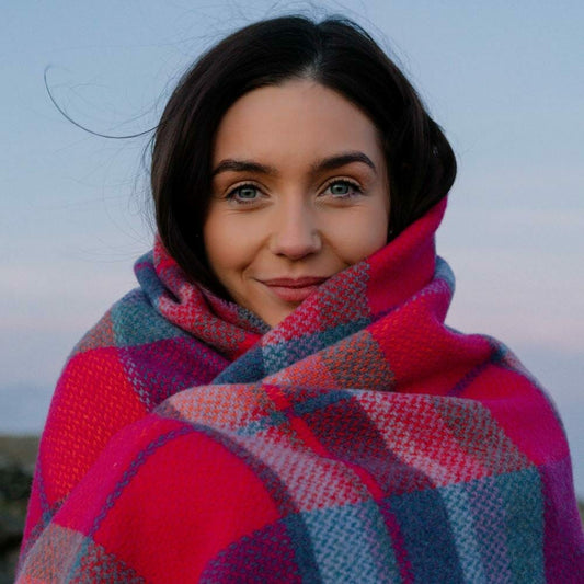 Cashmere Merino Wool Throw Orange Cerise Multi Tartan