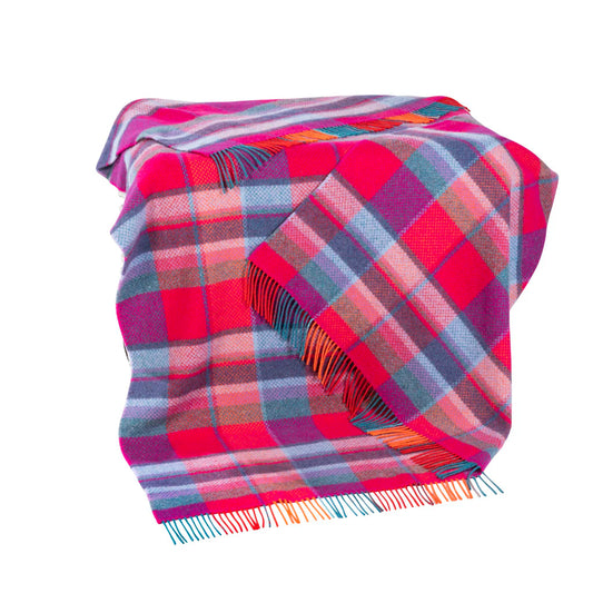 Cashmere Merino Wool Throw Orange Cerise Multi Tartan