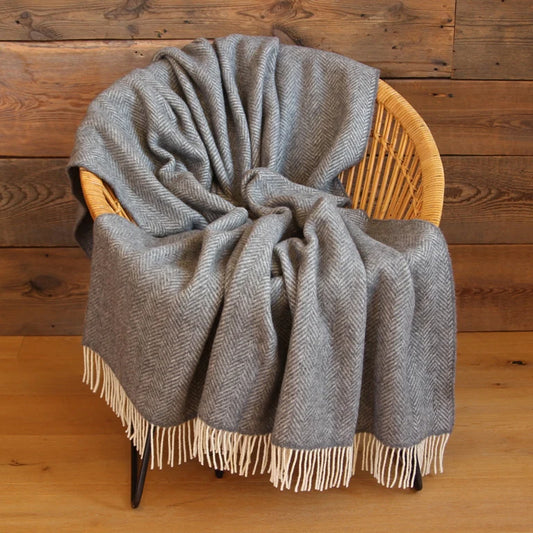 Cashmere Merino Wool Throw Grey Herringbone