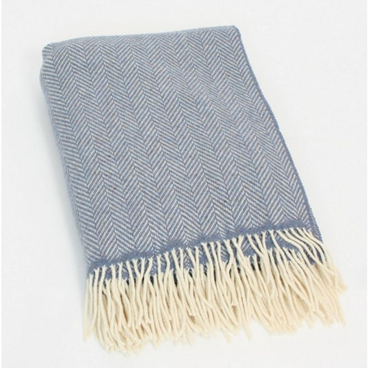 Cashmere Merino Wool Throw Denim Cream Herringbone