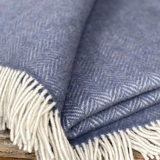 Cashmere Merino Wool Throw Denim Cream Herringbone