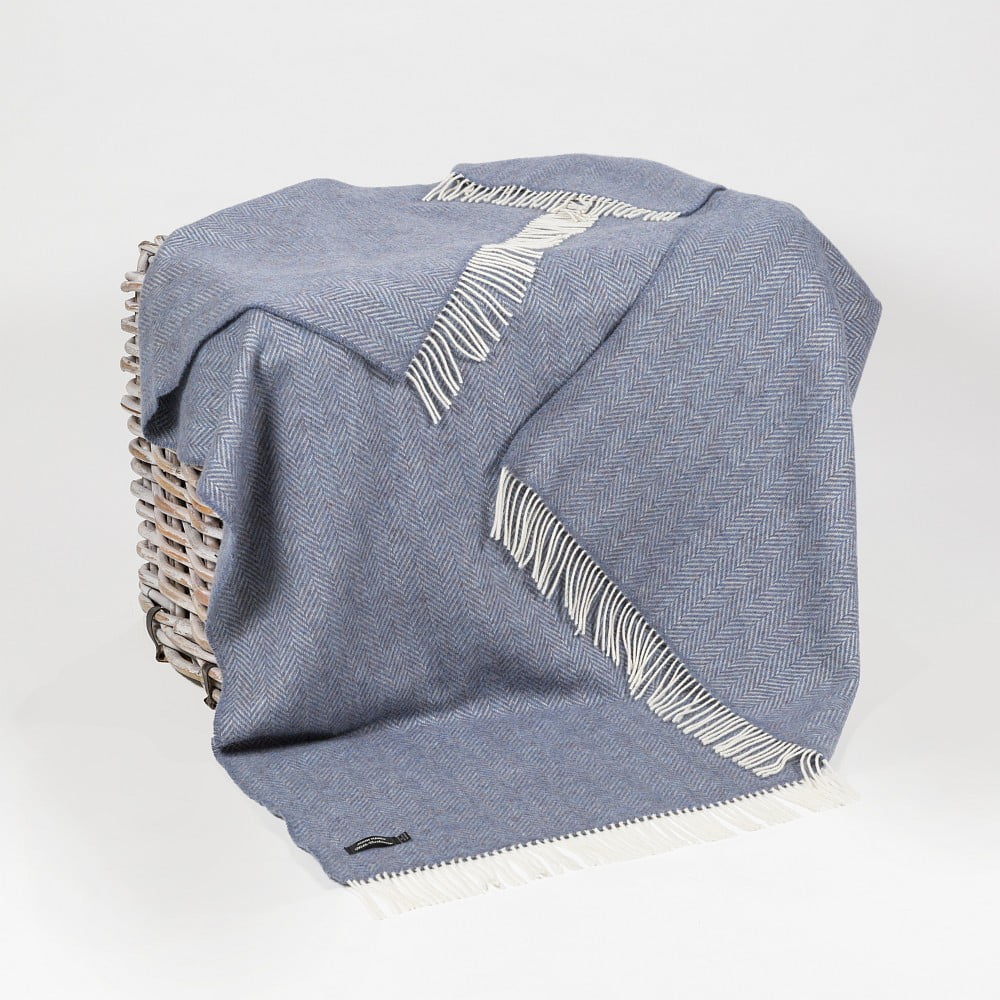 Cashmere Merino Wool Throw Denim Cream Herringbone