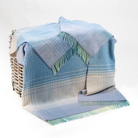 Cashmere Throw Cream Lilac Blue Herringbone on basket