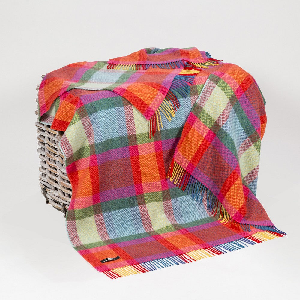 Cashmere Merino Wool Throw Bright Yellow, Pink and Green Tartan
