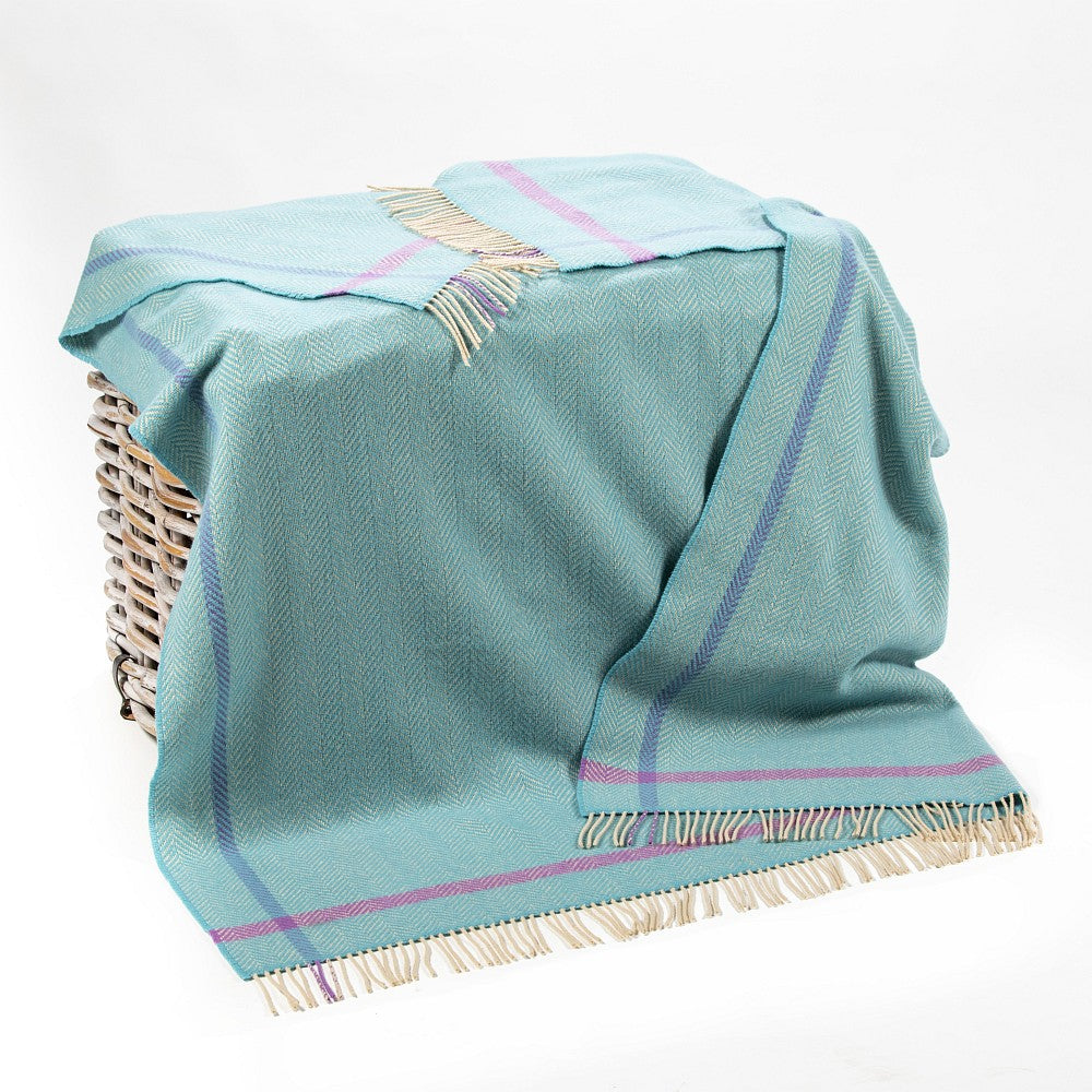 Aqua Cream Purple Herringbone Throw on Basket