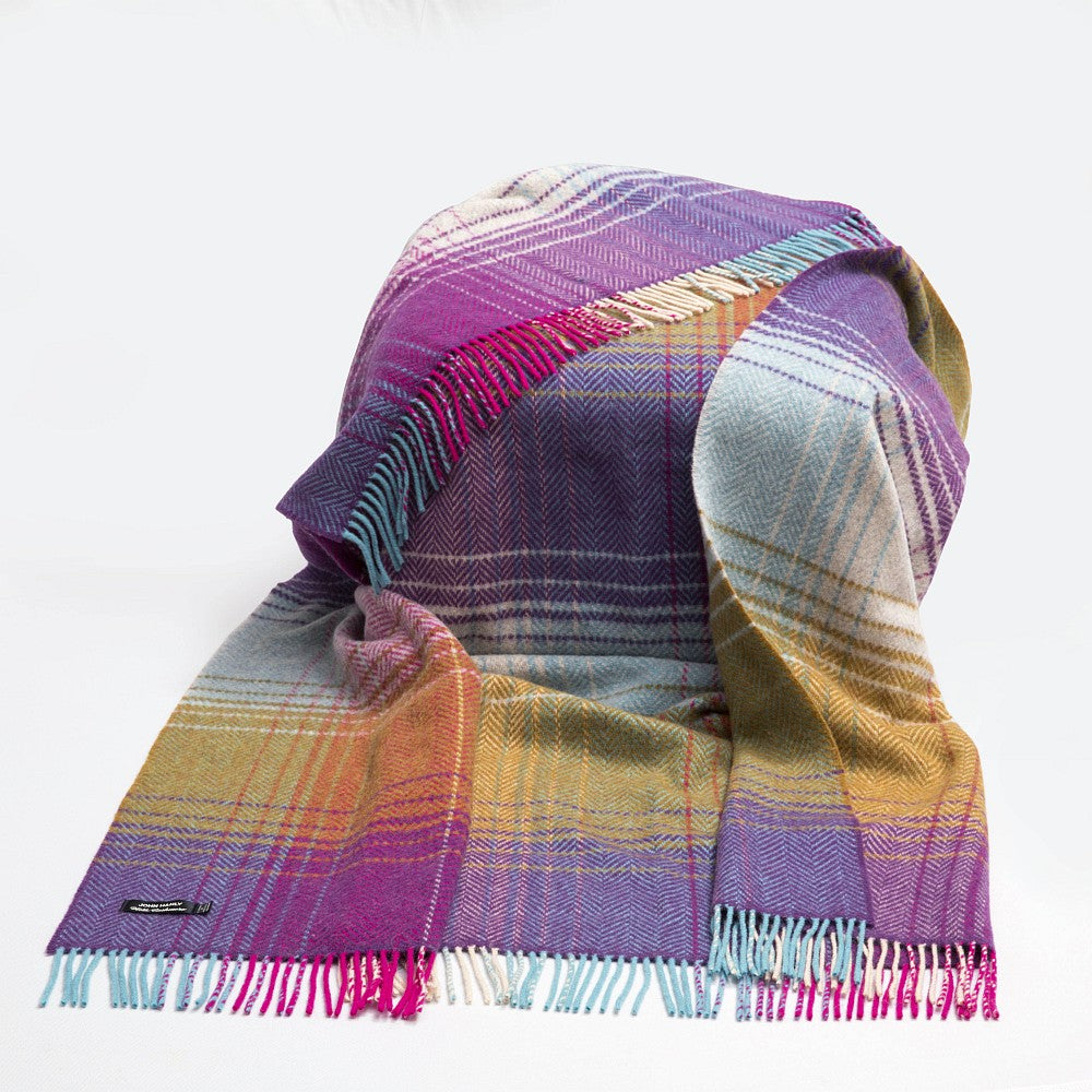 Cashmere Merino Wool Throw Pink Purple & Mustard Check