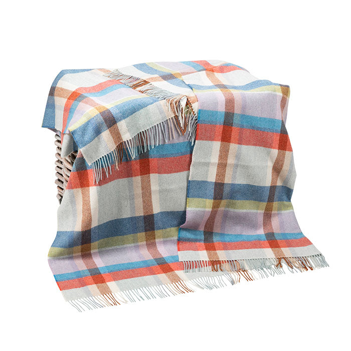 Merino Lambswool Blanket Blue Green Lilac Peach Tartan