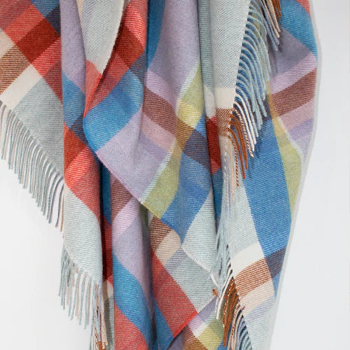 Merino Lambswool Blanket Blue Green Lilac Peach Tartan