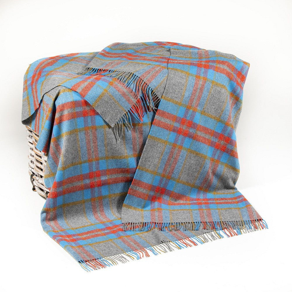 Grey Aqua Orange Mustard Tartan Blanket