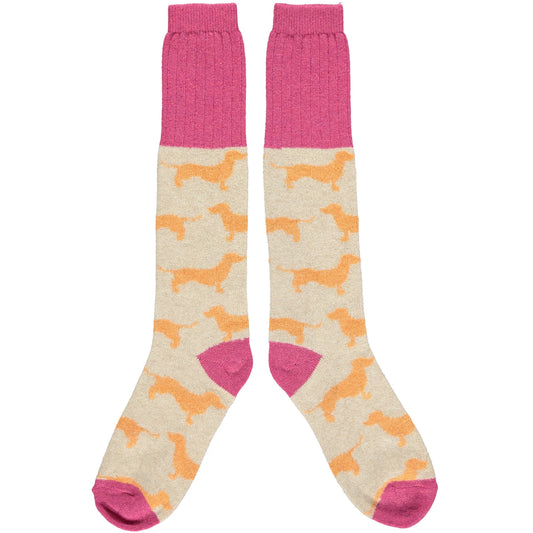 Ladies Lambswool Knee High Socks with Sausage Dogs