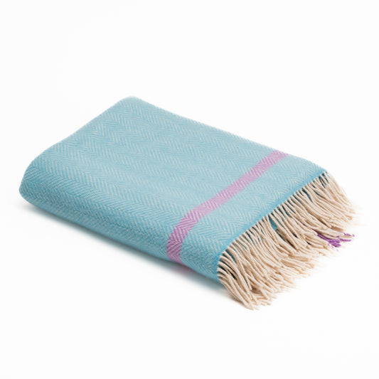 Cashmere Merino Wool Aqua Cream Purple Herringbone Throw Flat