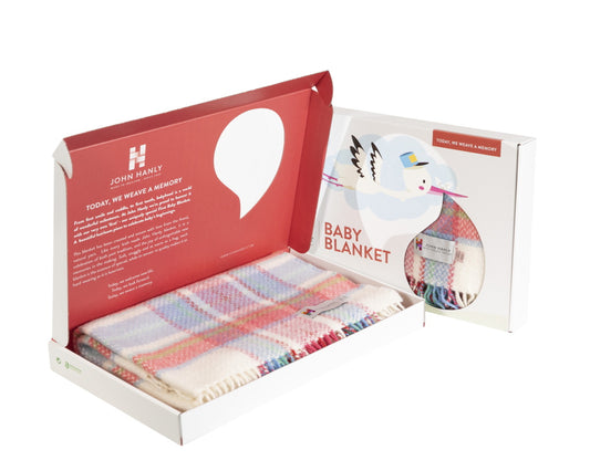 Baby Blanket Cashmere Merino Wool White Pink Blue Tartan in a presentation box