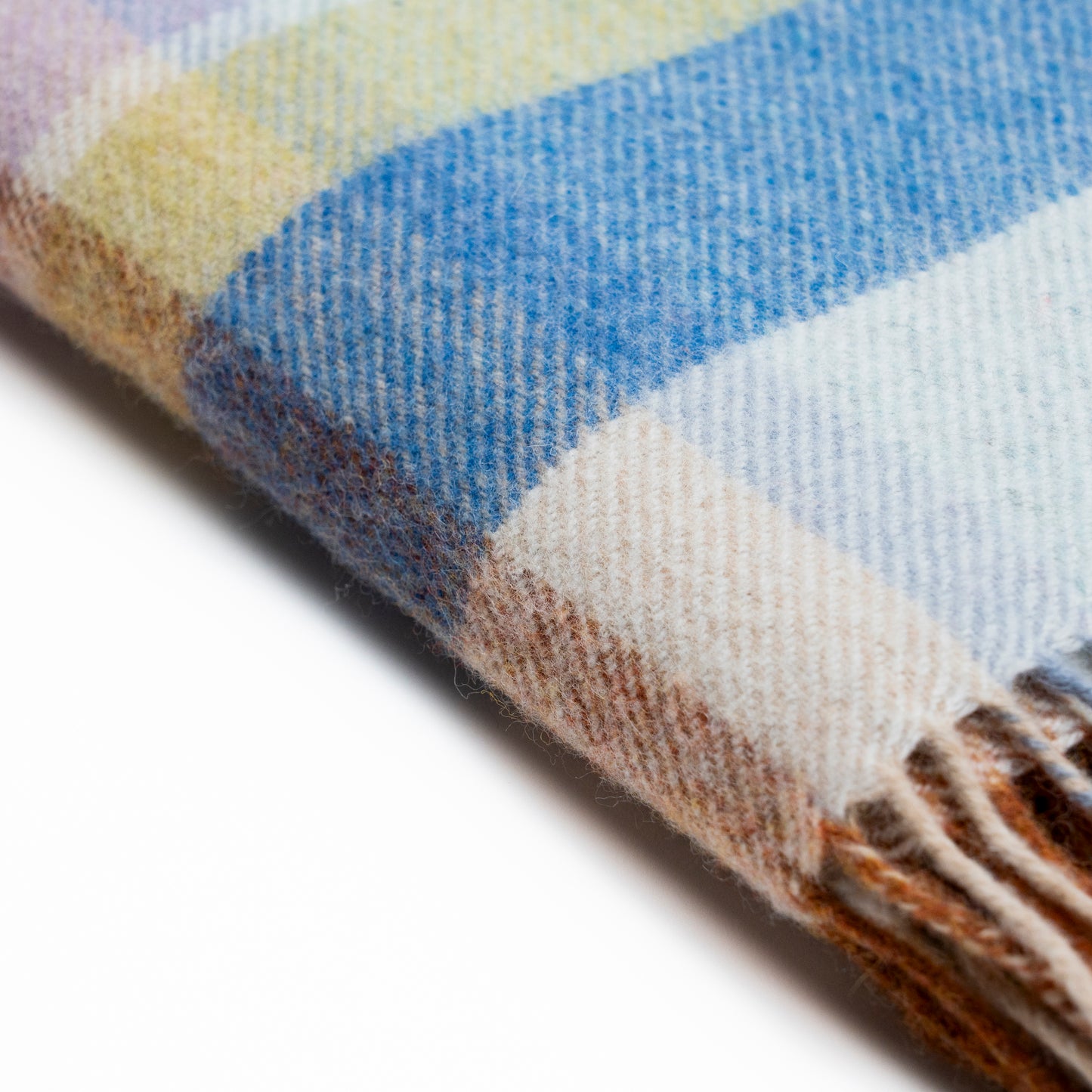 Blue Green Lilac Peach Tartan Blanket Close Up