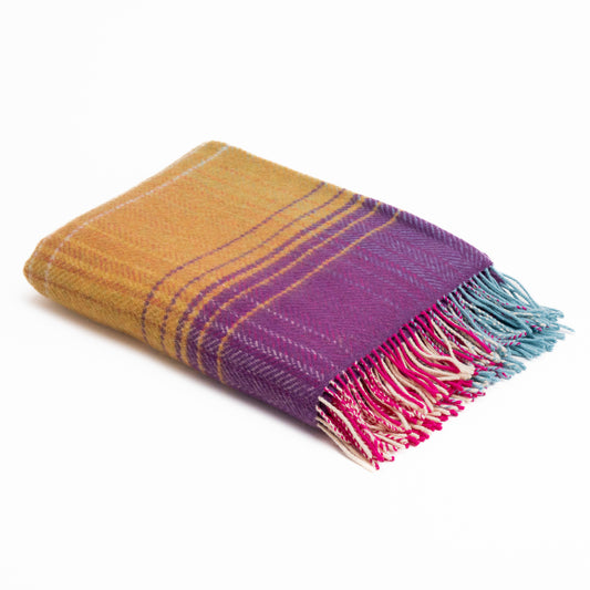Cashmere Merino Wool Throw Pink Purple & Mustard Check