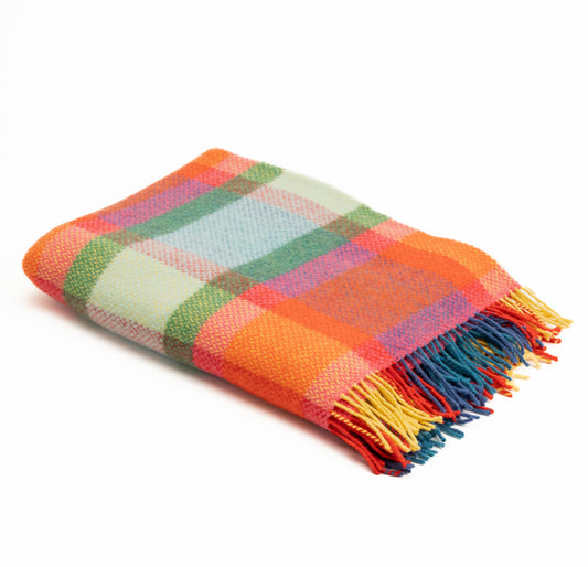 Cashmere Merino Wool Throw Bright Yellow, Pink and Green Tartan