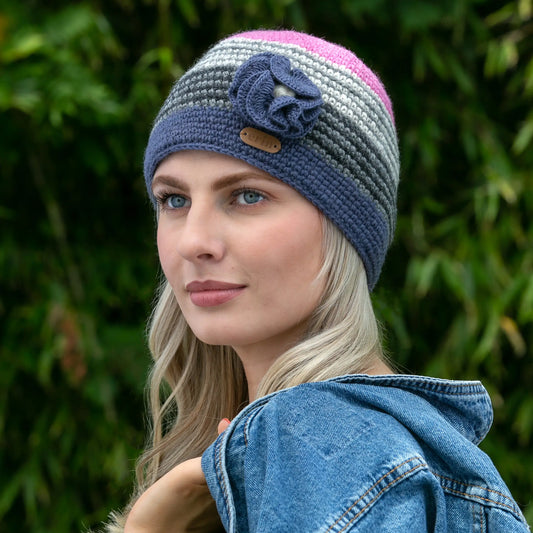 Crochet Hat with Flower Blue and Pink - 100% Wool