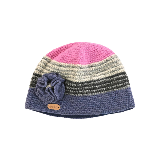 Crochet Hat with Flower Blue and Pink - 100% Wool