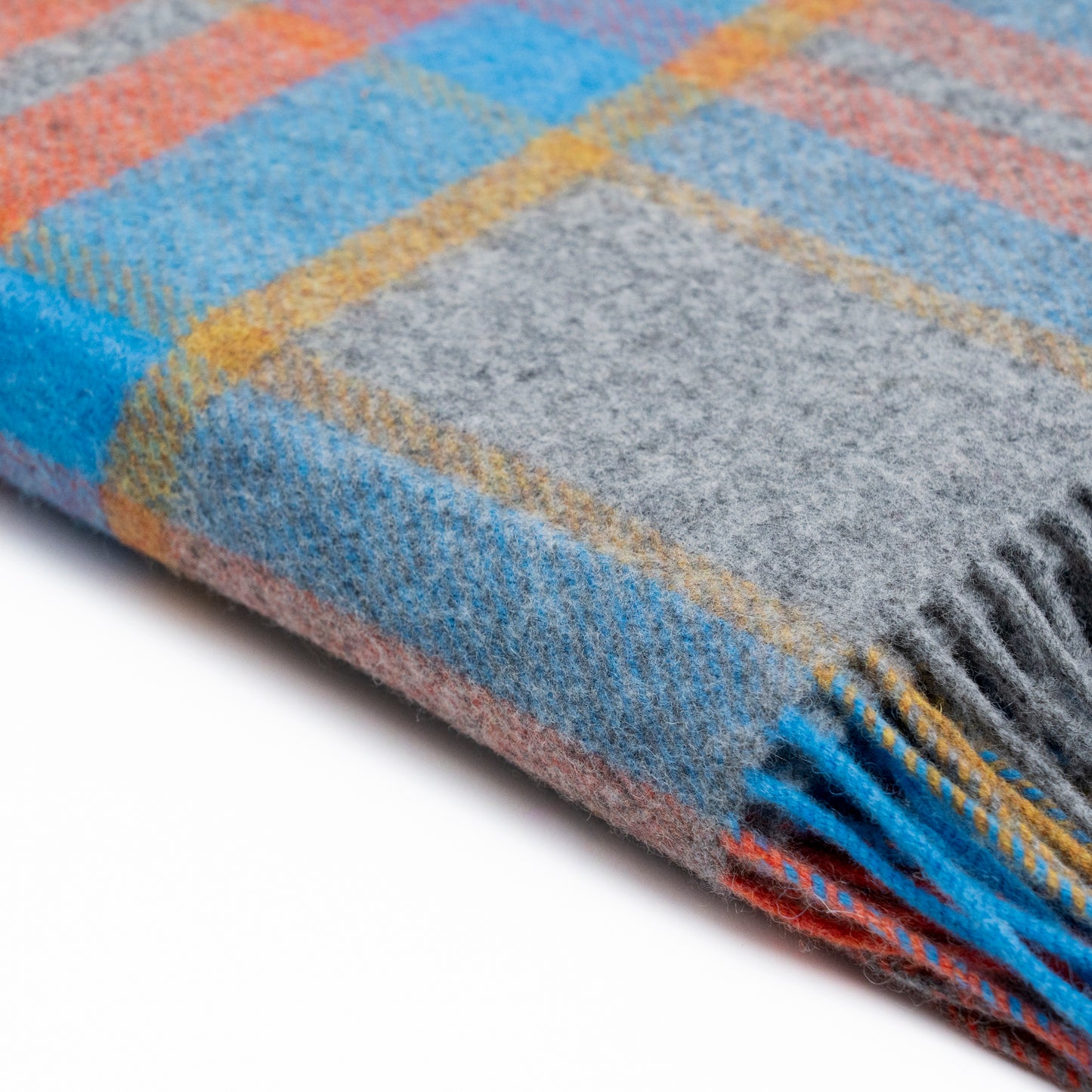 Grey Aqua Orange Mustard Tartan Blanket Close Up