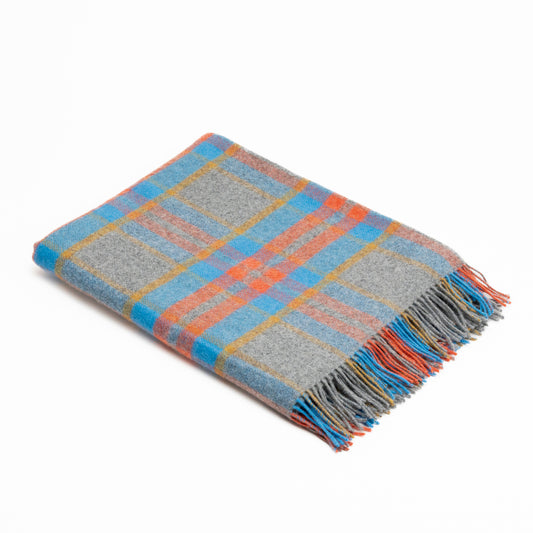 Grey Aqua Orange Mustard Tartan Blanket Flat