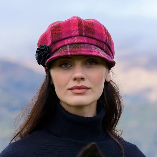 Ladies Tweed Newsboy Hat - Red & Pink Tartan
