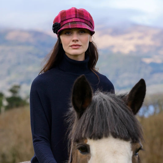 Ladies Tweed Newsboy Hat - Red & Pink Tartan