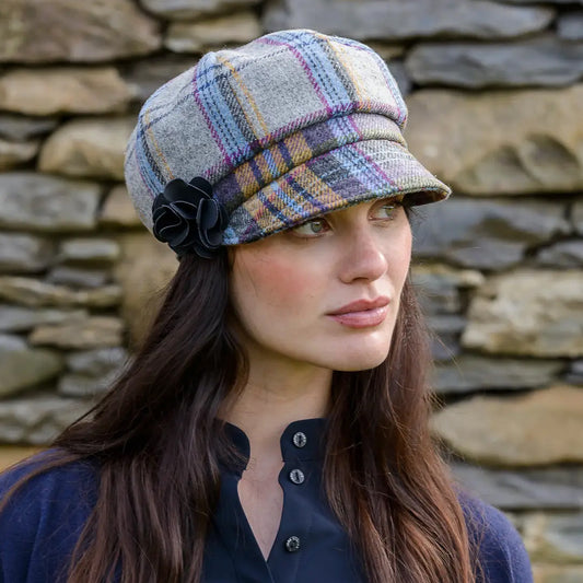 Ladies Tweed Newsboy Hat - Grey Purple Blue Mustard Tartan