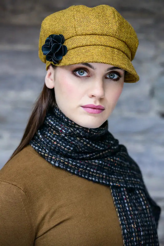 Ladies Tweed Newsboy Hat - Mustard