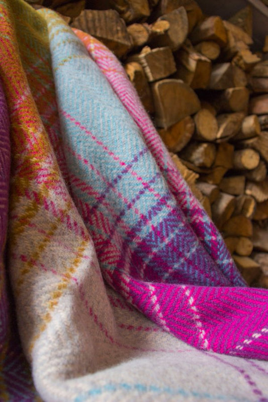 Cashmere Merino Wool Throw Pink Purple & Mustard Check
