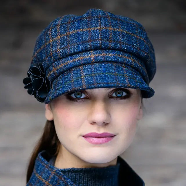 Ladies Tweed Newsboy Hat - Navy Green Brown Tartan