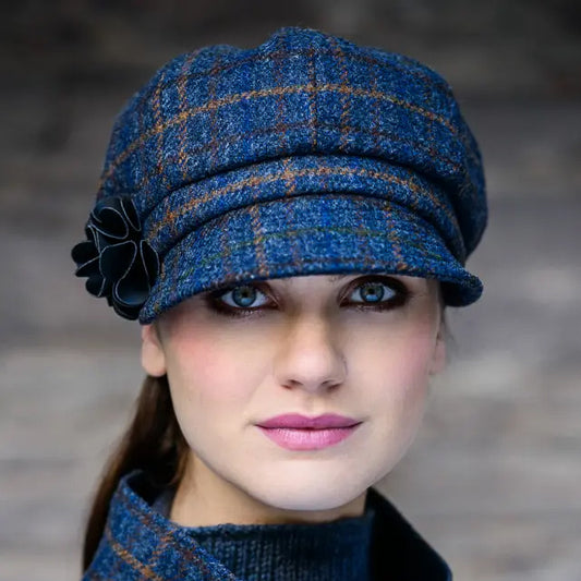 Ladies Tweed Newsboy Hat - Navy Green Brown Tartan