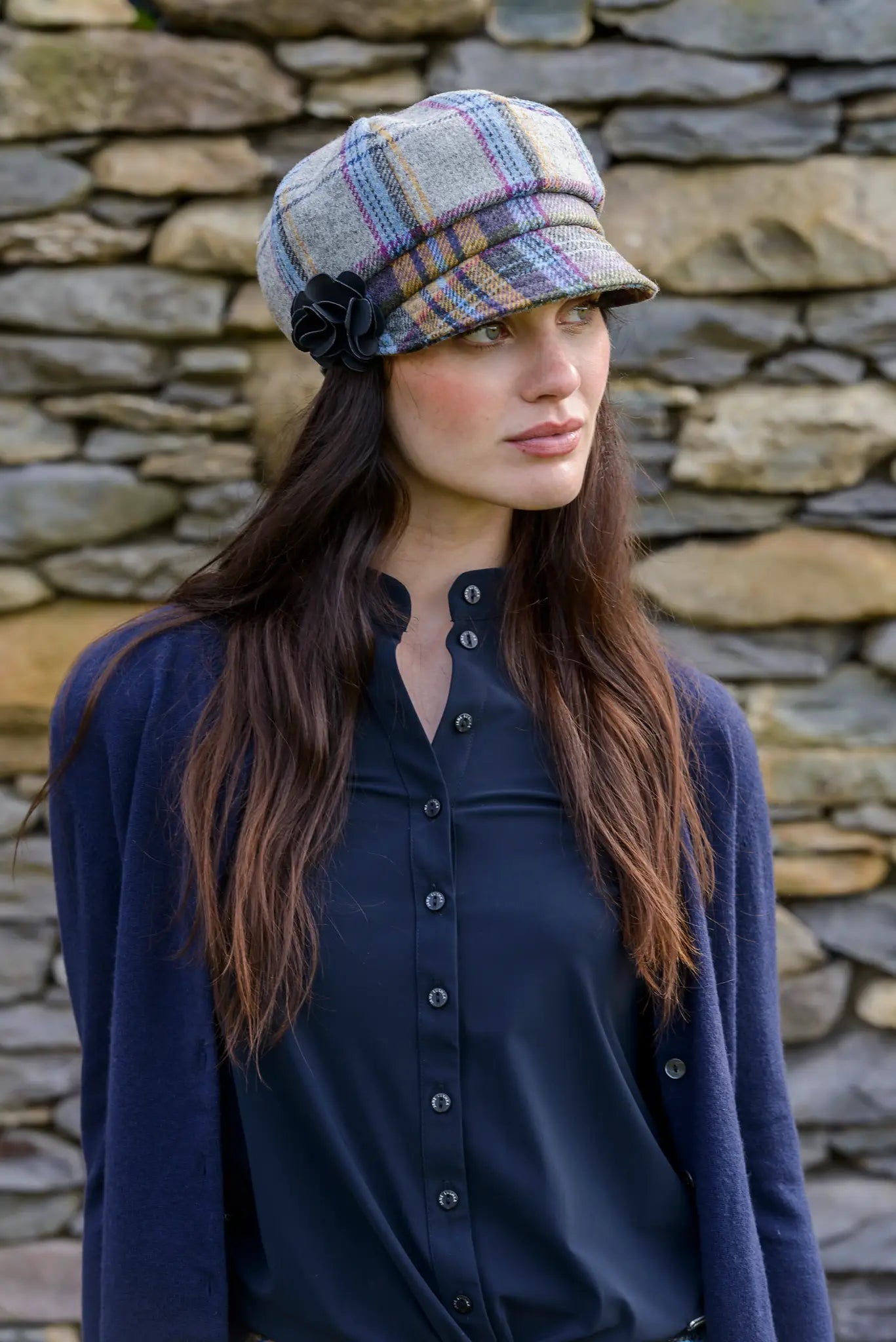 Ladies Tweed Newsboy Hat - Grey Purple Blue Mustard Tartan