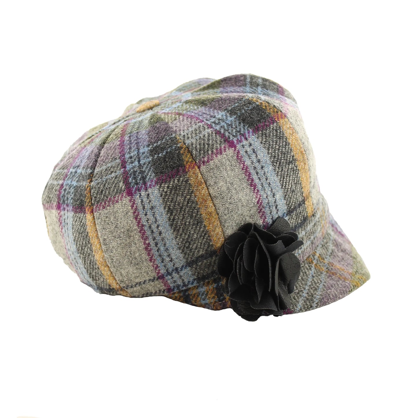 Ladies Tweed Newsboy Hat - Grey Purple Blue Mustard Tartan