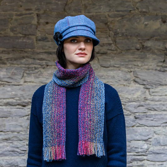 Ladies Tweed Newsboy Hat - Blue Herringbone & Red Stripe