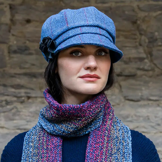Ladies Tweed Newsboy Hat - Blue Herringbone & Red Stripe