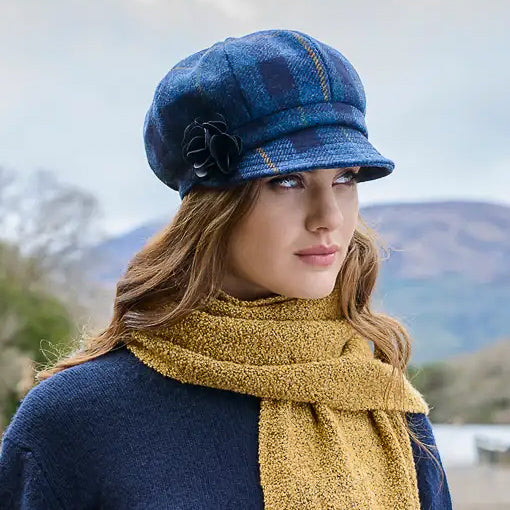Ladies Tweed Newsboy Hat - Blue Tartan & Mustard Stripe