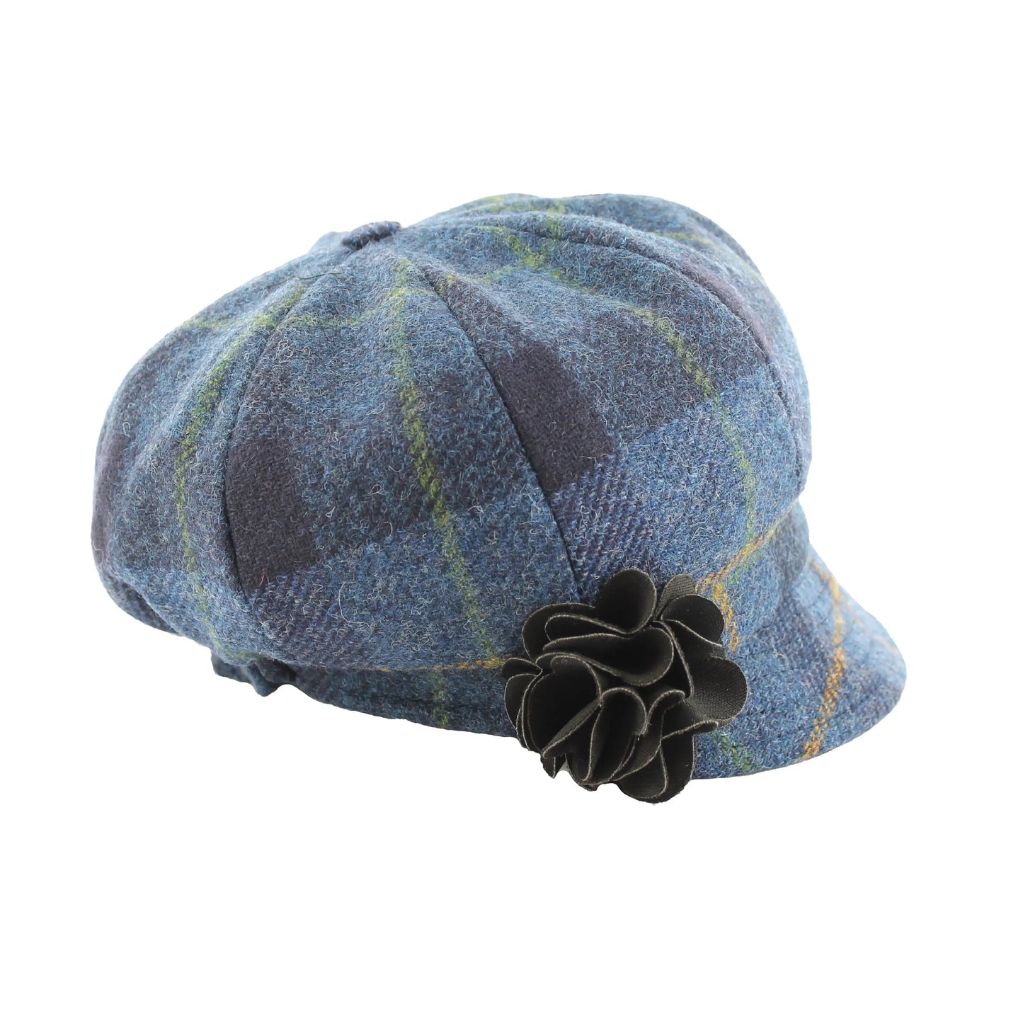 Ladies Tweed Newsboy Hat - Blue Tartan & Mustard Stripe