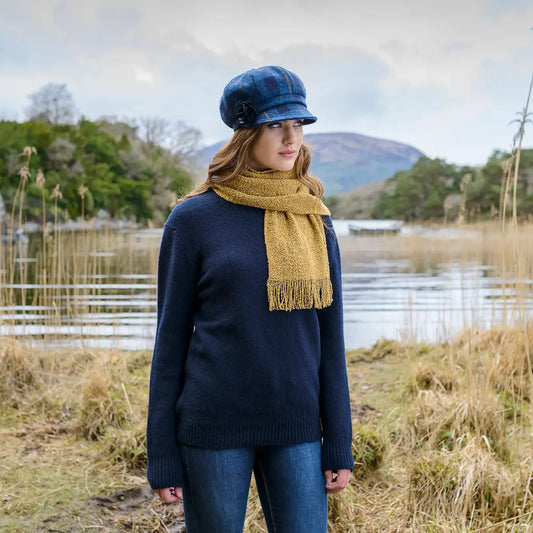 Ladies Tweed Newsboy Hat - Blue Tartan & Mustard Stripe