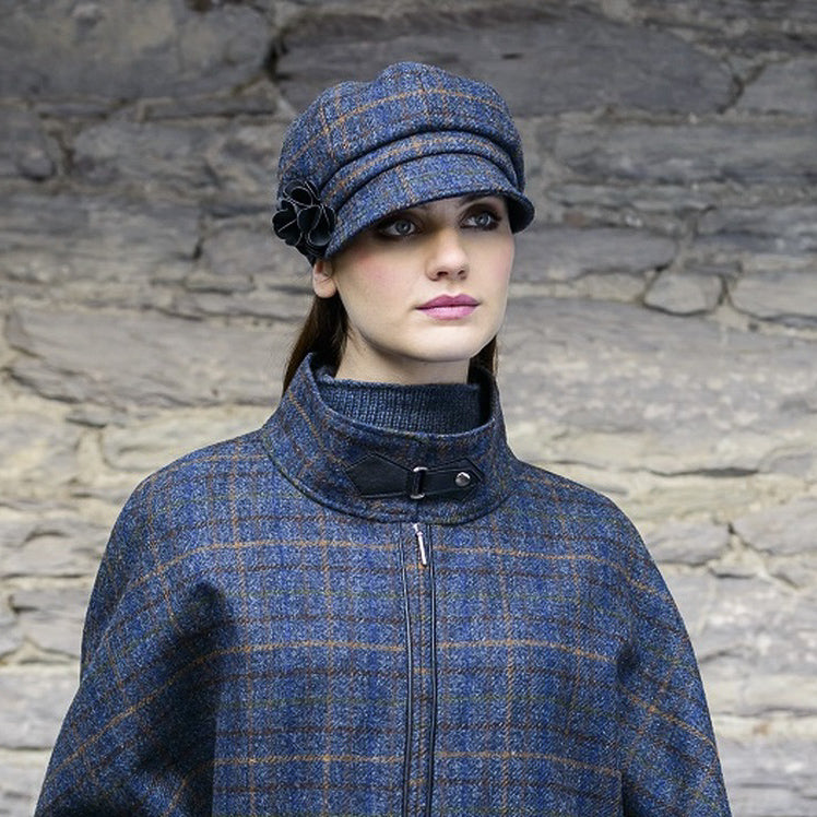 Ladies Tweed Newsboy Hat - Navy Green Brown Tartan