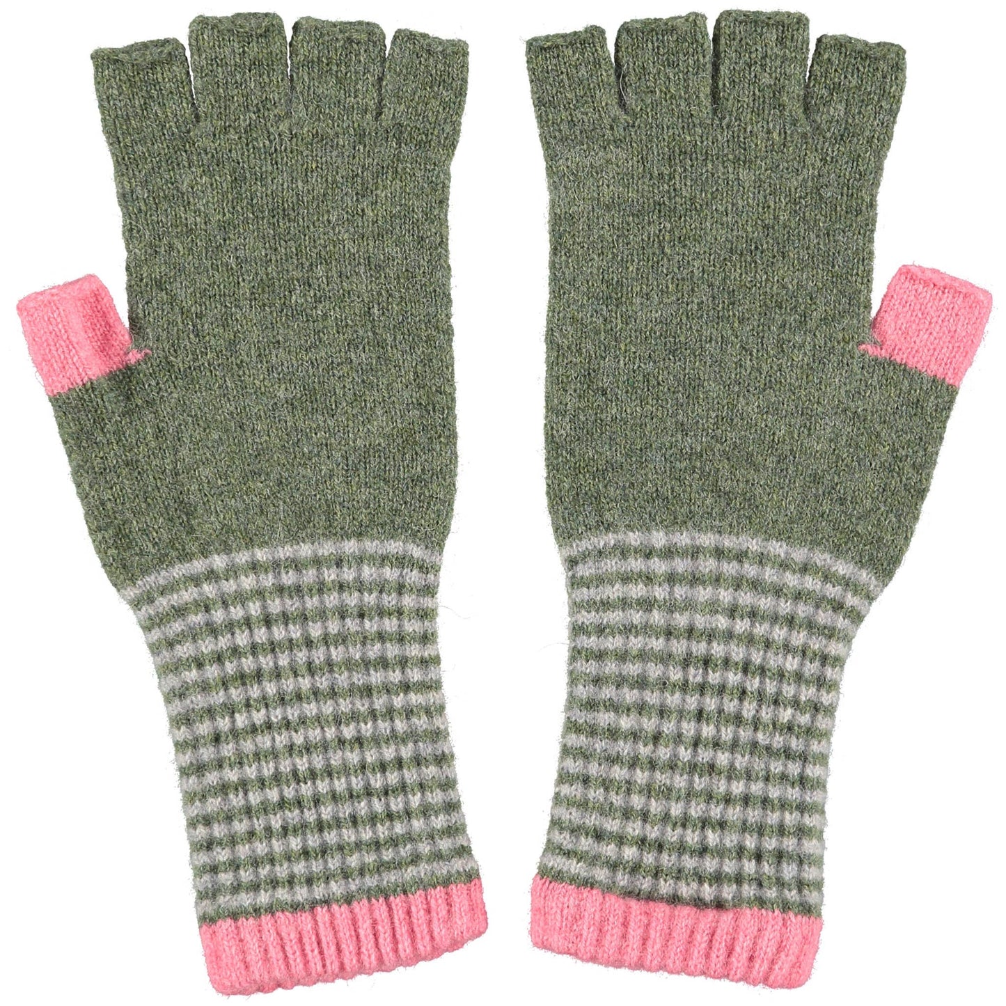 Ladies Lambswool Green & Pink Fingerless Gloves