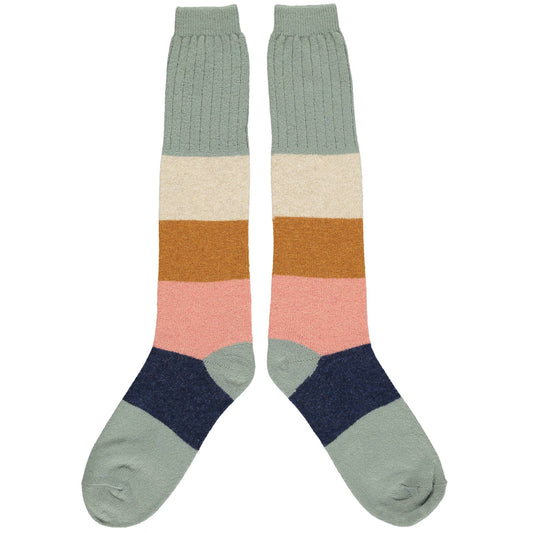 Ladies Lambswool Soft Green Block Knee Socks