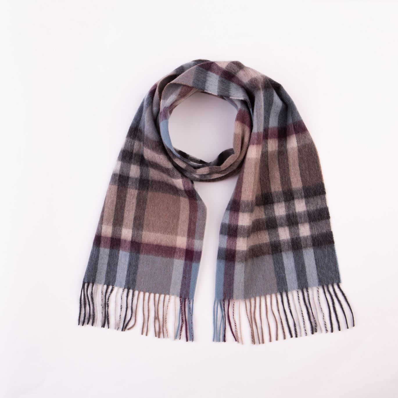 100% Lambswool Scarf Blue Taupe Tartan