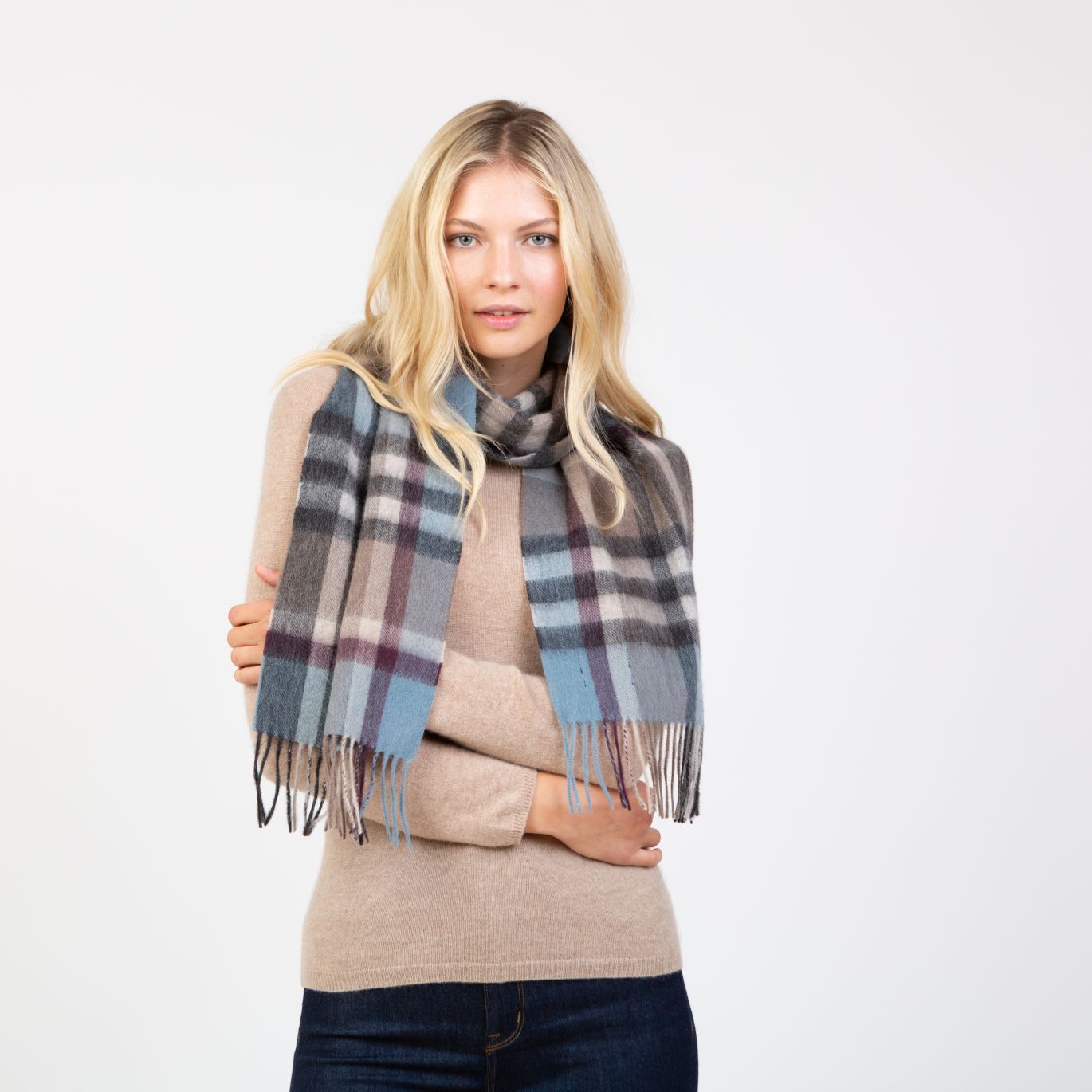 100% Lambswool Scarf Blue Taupe Tartan