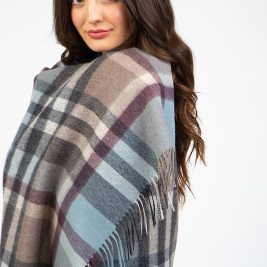 100% Lambswool Stole Blue Taupe Tartan