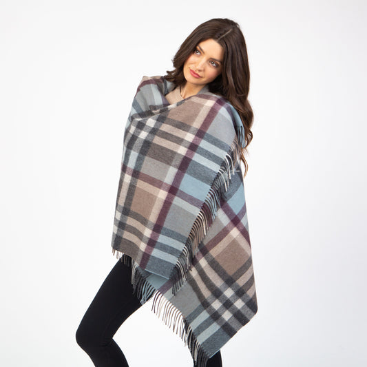 100% Lambswool Stole Blue Taupe Tartan