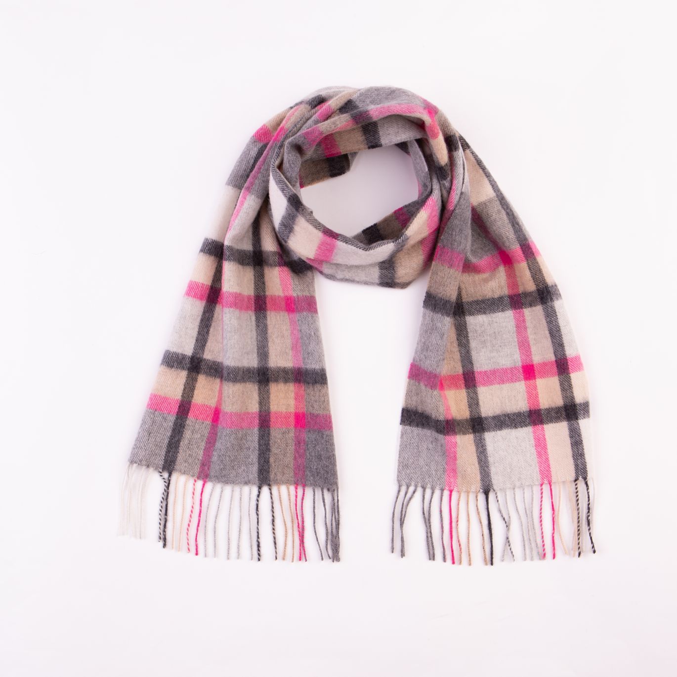 100% Lambswool Scarf Pink Grey Tartan