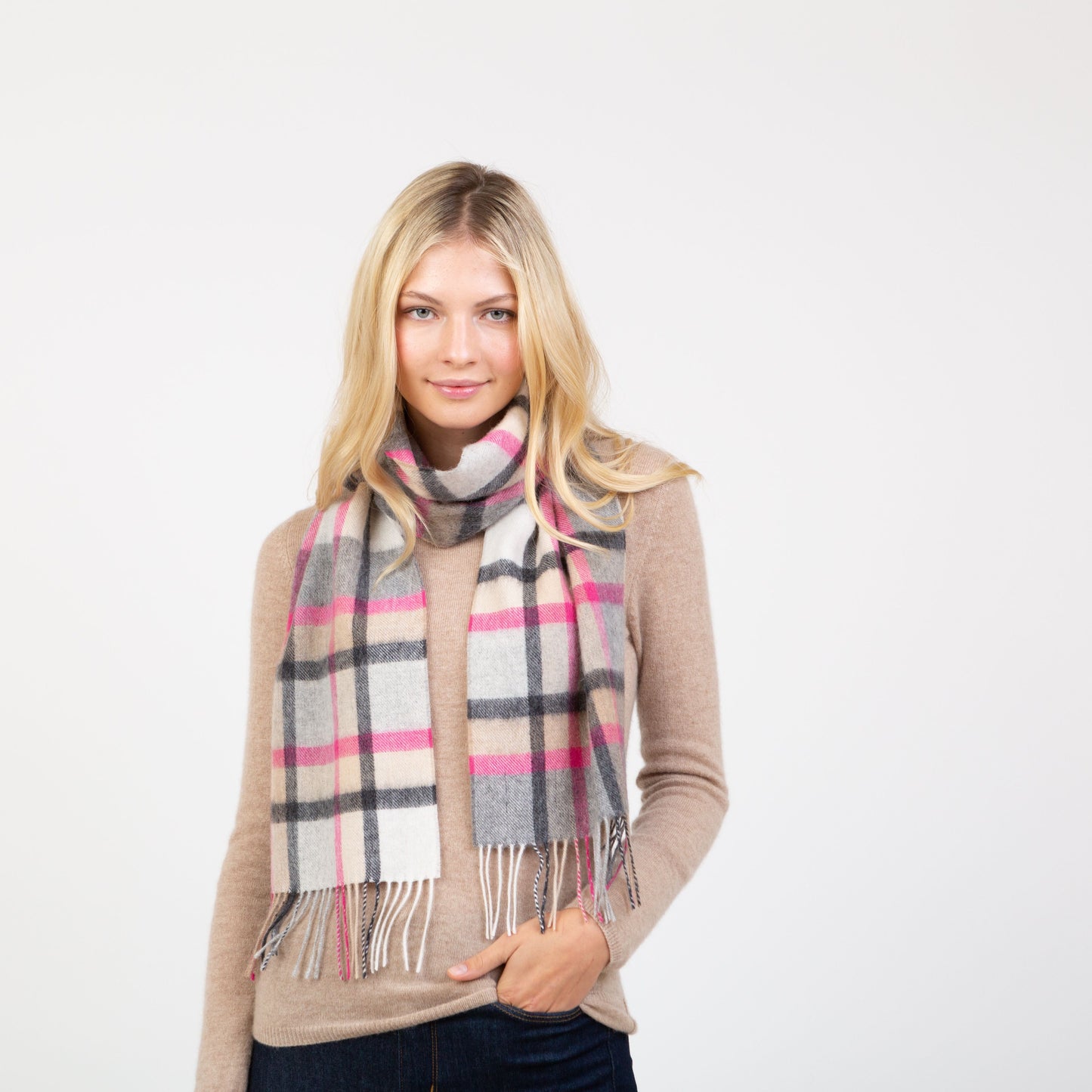 100% Lambswool Scarf Pink Grey Tartan