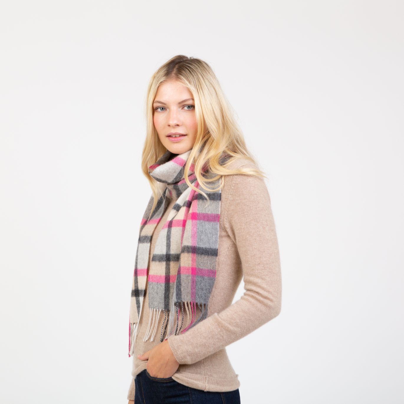 100% Lambswool Scarf Pink Grey Tartan