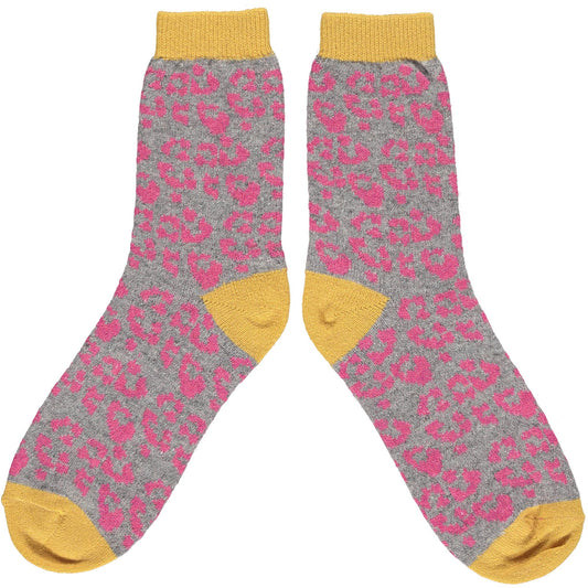 Ladies Lambswool Pink Leopard Print Ankle Socks